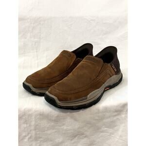 Skechers Men Slip-ins Brown Leather Slip-On Shoe Size 8 Goodyear Steady Grip